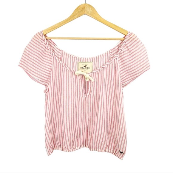 Vintage 90s Y2K Hollister Striped Peasant On/Off Shoulder Top in Red/White Med - Picture 1 of 9